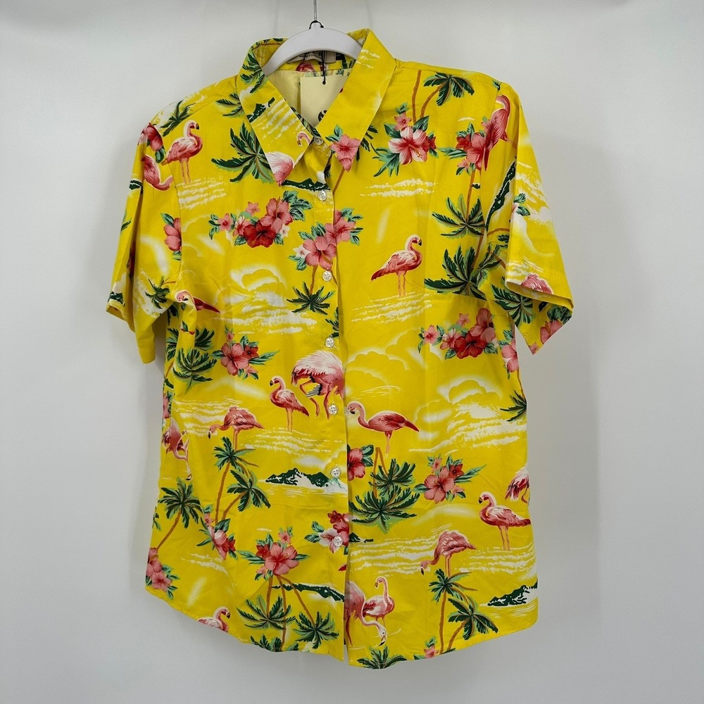 SSLR Womens Yellow Flamingo Tropical Floral Top Size M Vacation Resort Cruise